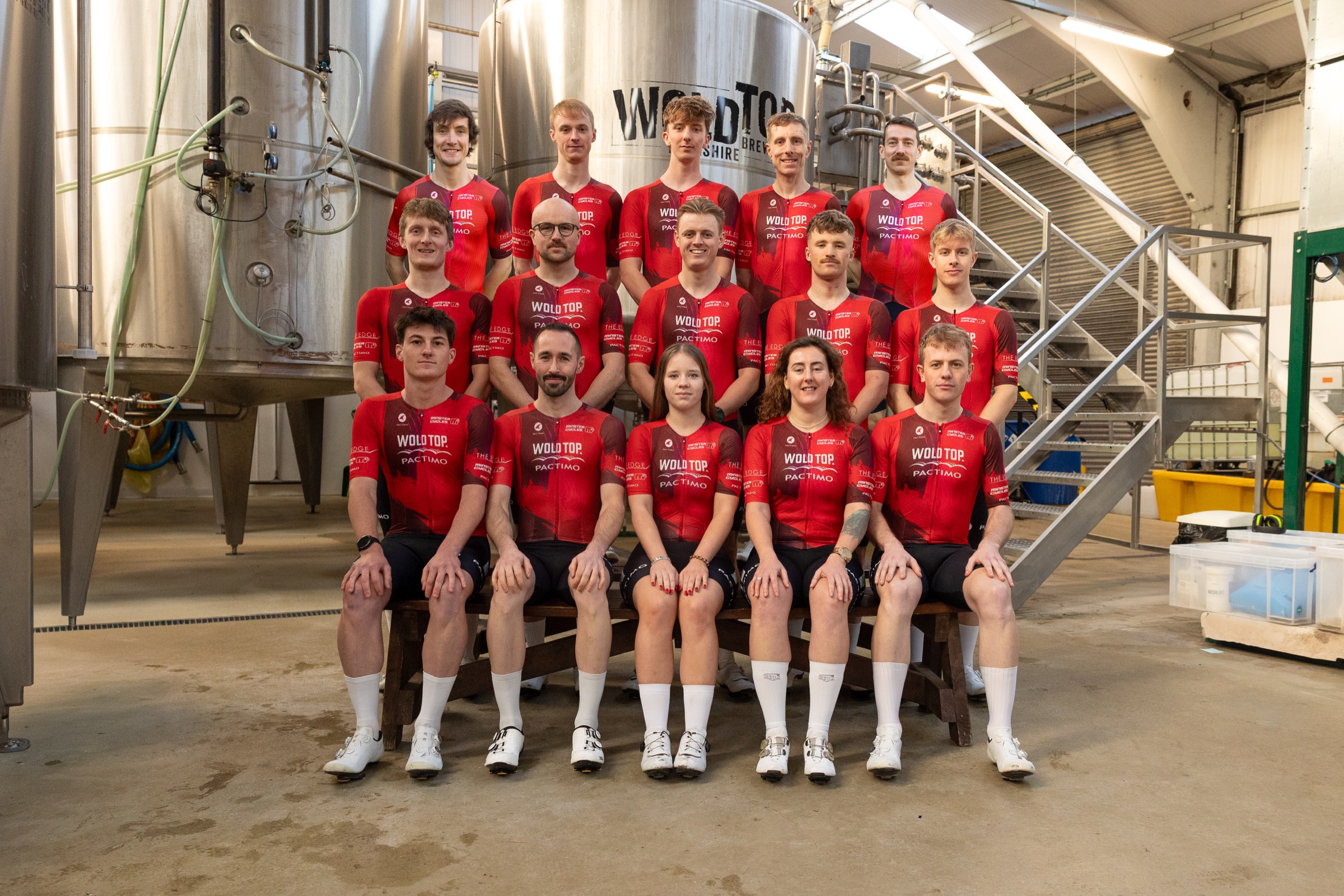 The Wold Top Pactimo Cycling Team in their red team kit at Wold Top Brewery